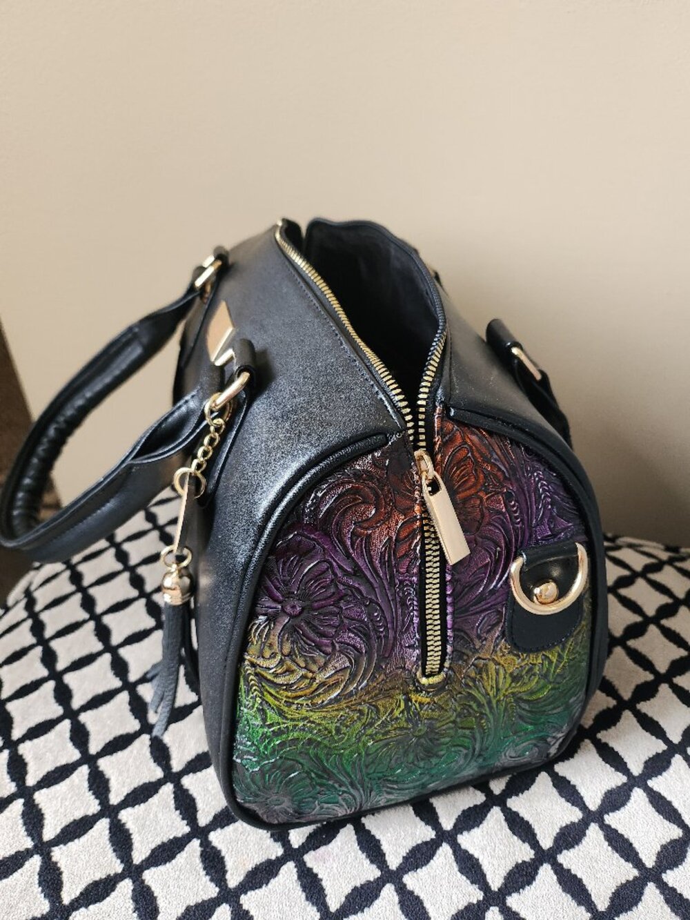 Black Artisan Style Bag with Strap, Handles, and Zipper